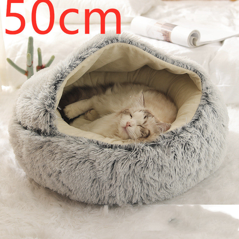 Lit 2 en 1 pour chien et chat - Lit d'hiver rond en peluche chaud pour animaux de compagnie - Lit doux et long en peluche pour animaux de compagnie